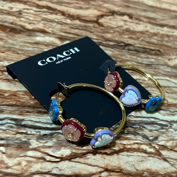 Coach Gold Hoop Earrings Multicolor Floral Accent Statement Jewelry - Picture 3 of 3